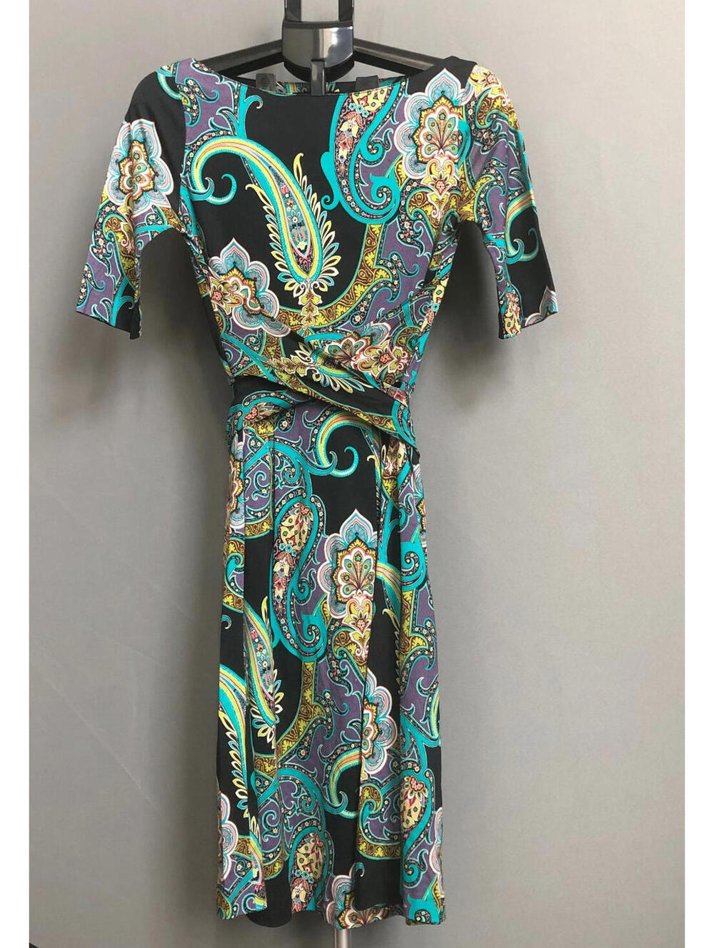 Etro Milano Paisley Wrap Dress Size 42 (US sz 6) Black Teal Purple Boho Italy